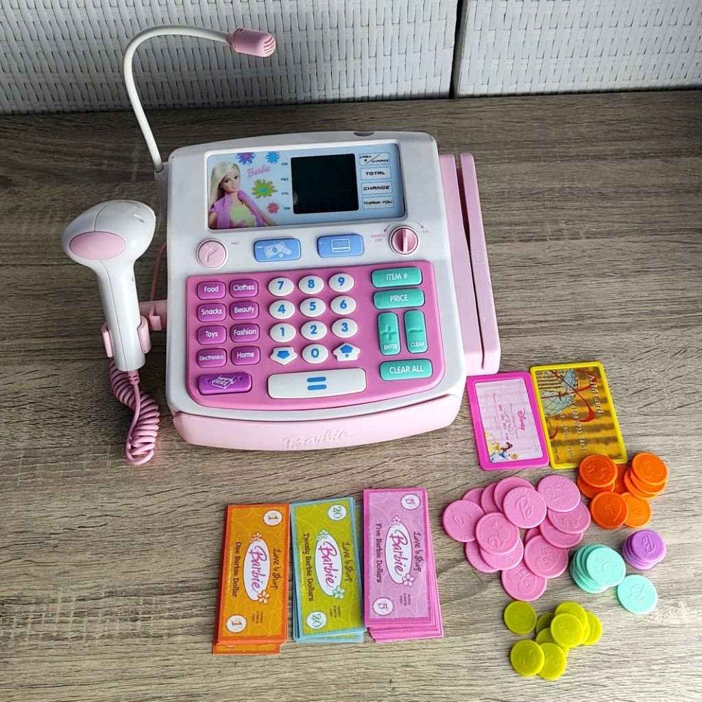 PRELOVED Mainan Kasir Barbie Elektrik Mattel Pink– Mesin Kasir Anak Lengkap Uang dan Kartu