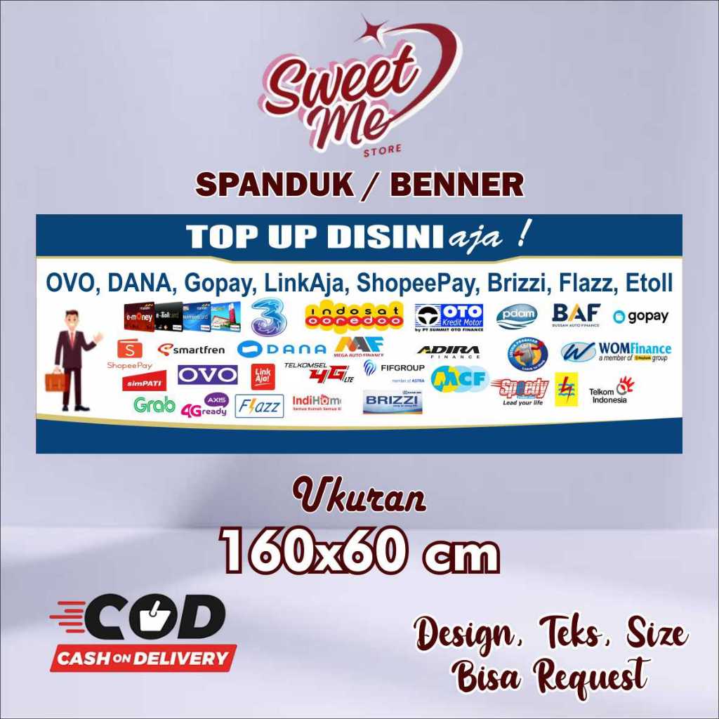 spanduk benner ukuran 160x60 cm top up disini free custom desain