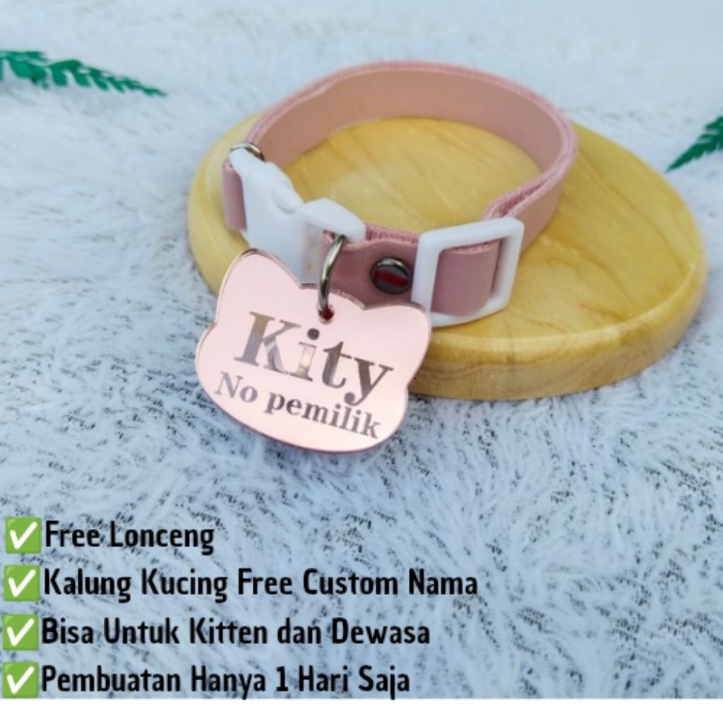 kalung kucing custom nama bentuk kepala kucing gesper putih bahan liontin akrilik rosegold