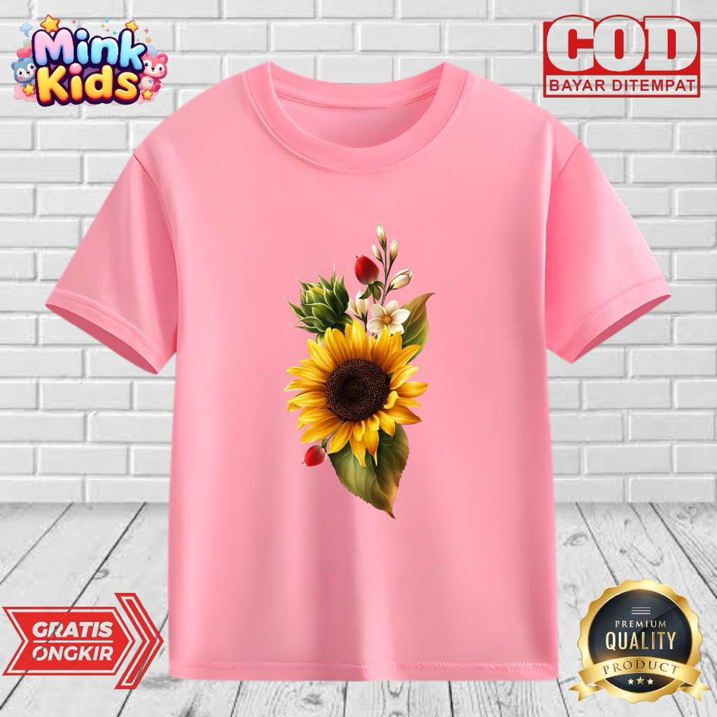 KAOS ANAK MOTIF BUNGA MATAHARI USIA 2-9 TAHUN