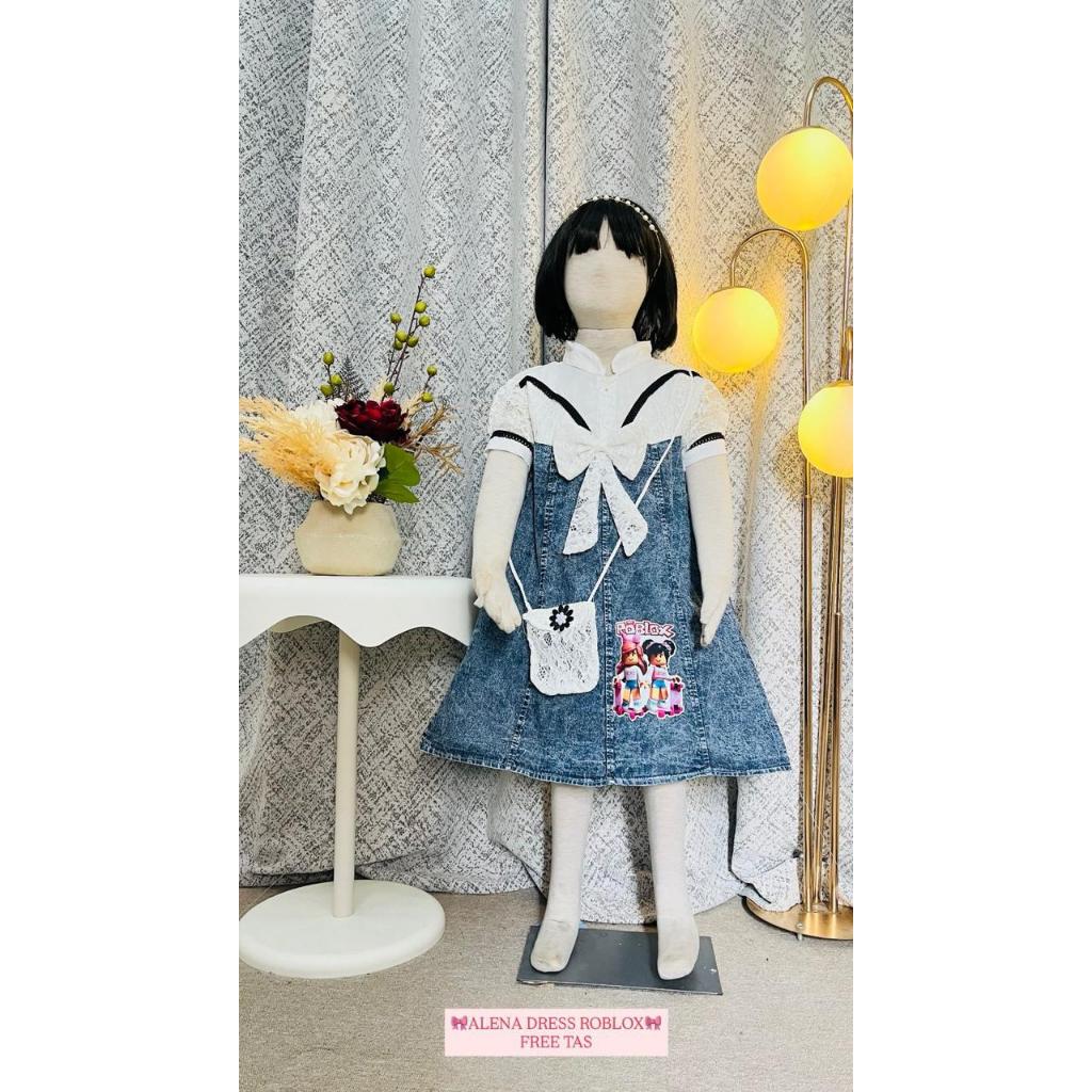 Dress Jeans Mikeyla Mix Brokat Untuk Anak Perempuan Usia 3-12 Tahun | Baju Dress Lengan Pendek Bruka