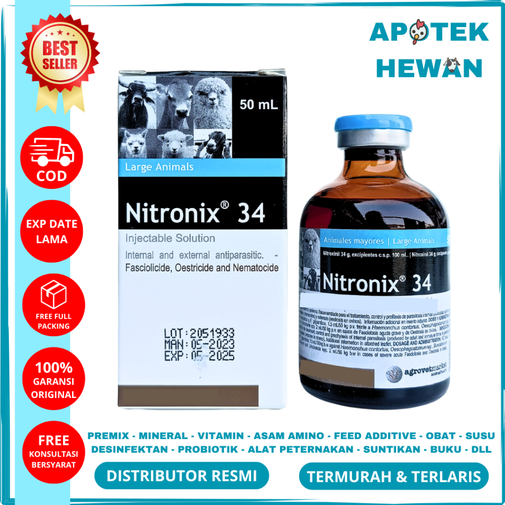 NITRONIX-34 50ML AGROVET - Obat Cacing Hati Sapi Paling Ampuh - Obat Cacing Sapi Kambing Domba
