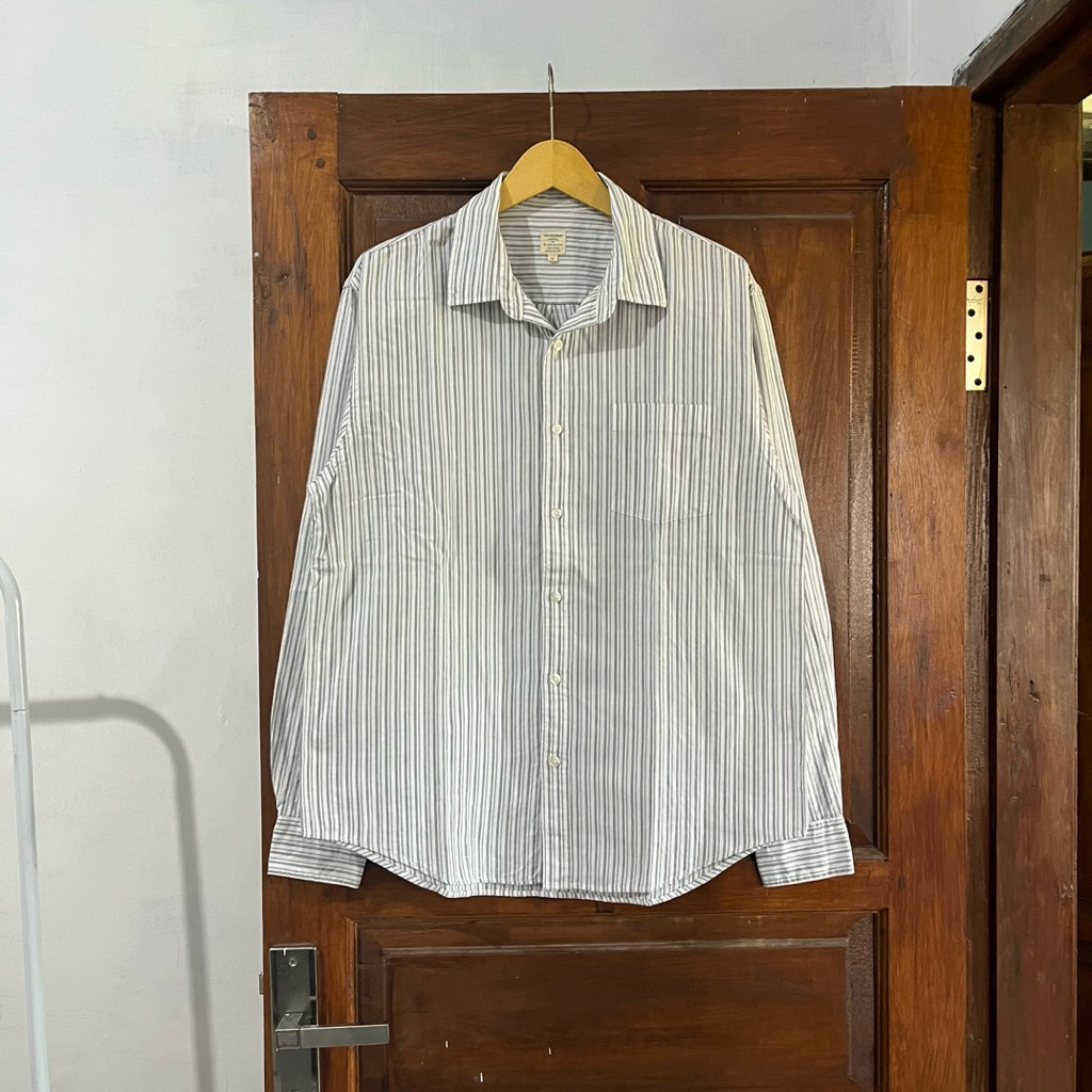 [XL] Giordano Stripped Shirt Long Sleeve I White Grey I Vintage Vtg Retro Kemeja Garis-garis Salur O