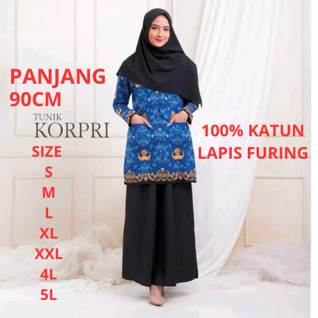 Tunik KORPRI Wanita Muslimah Panjang 90cm Baju Seragam ASN Batik KORPRI Katun Lapis Furing – S M L X