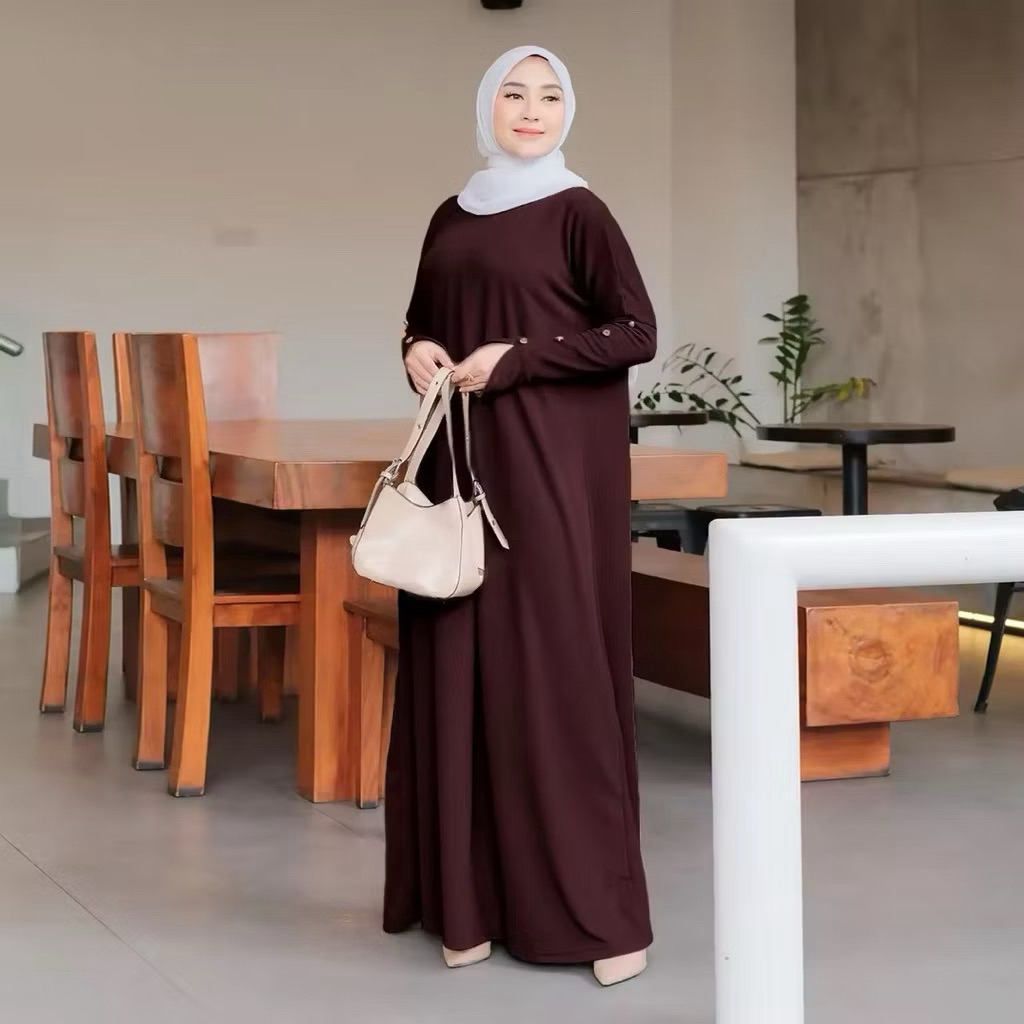 Inara Dress Batwing Kancing Bahan Knit - Gamis Jumbo Murah - Dress Warna Maroon Merah