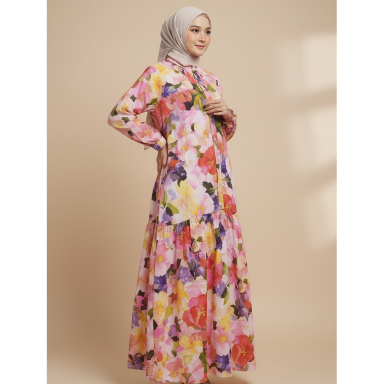 Gamis susun bunga/ baju gamis motif bunga / anjani dress pita/ dress susun rayon/ gamis kekinan