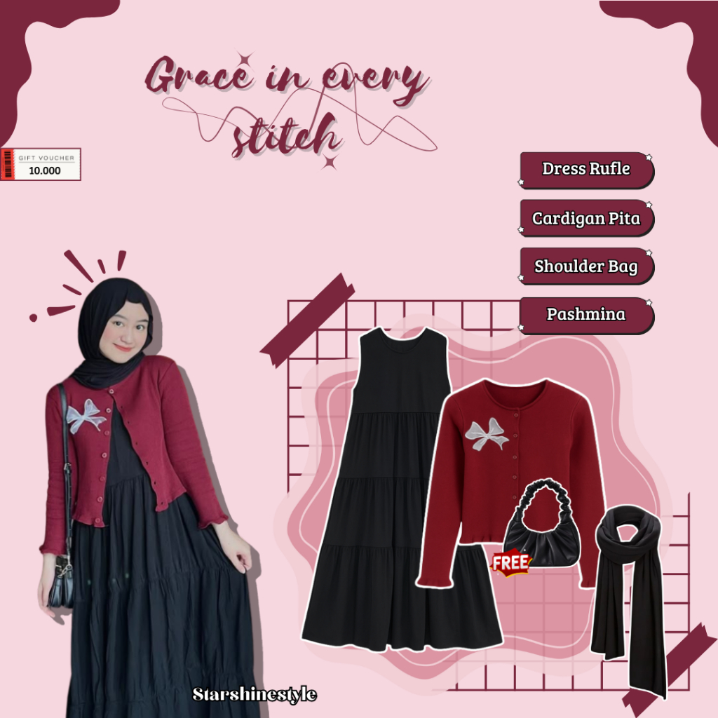 Outfit Korean Style 4in1 ( Hijab Pashmina Ceruty, Cardigan Pita, Dress Rufle, Shoulder Bag ) Outfit 