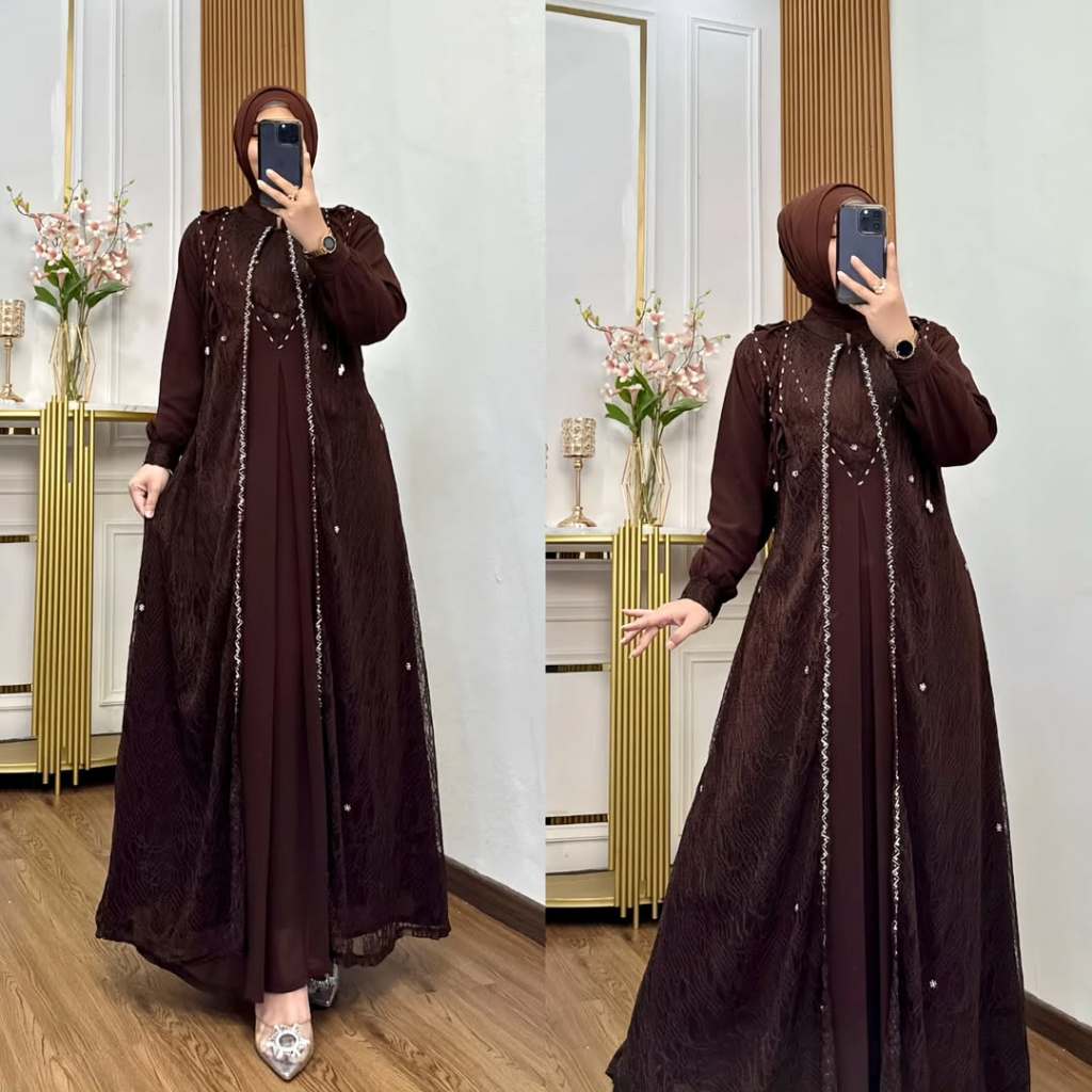 Gamis Pesta Mewah Elegan 2025 Vita Dress Kondangan Brokat Premium Model Outer Menyatu Warna Mahogony