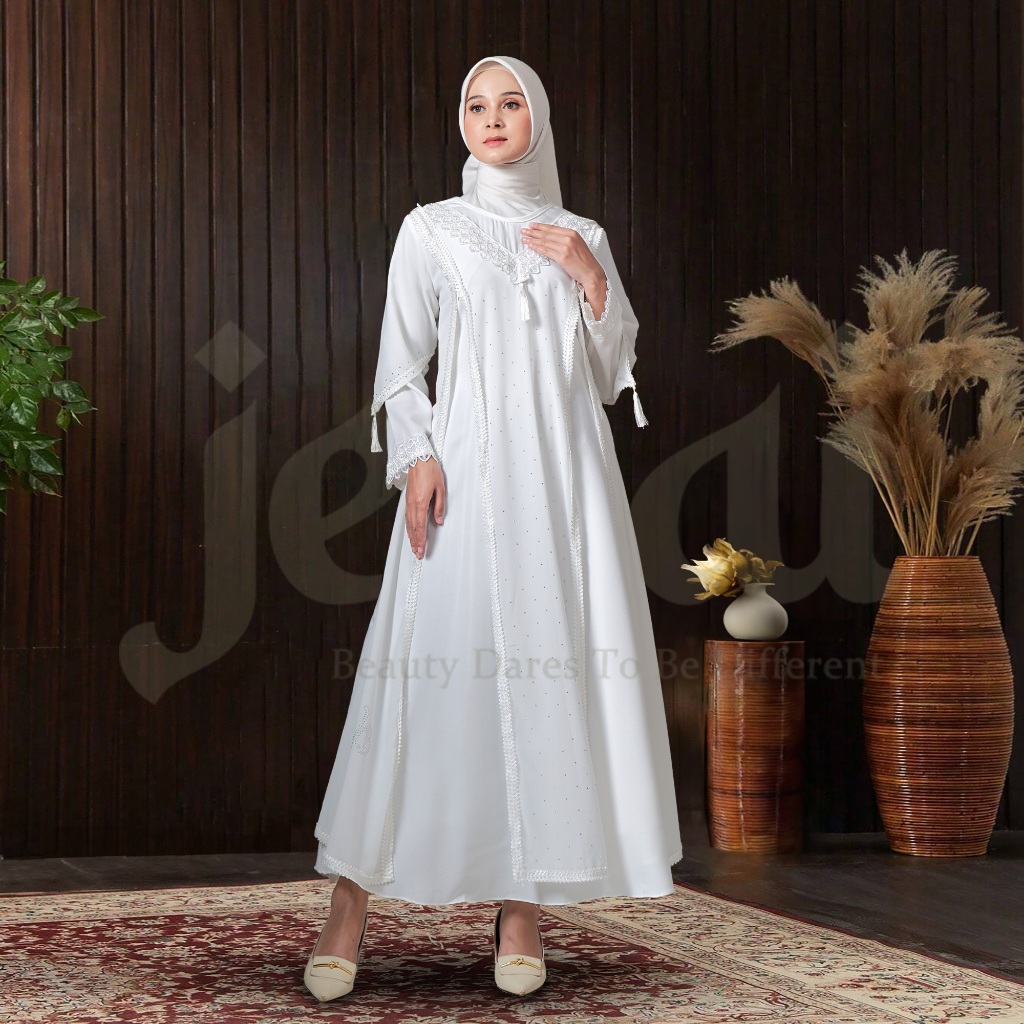 JENAI Gamis putih wanita kekinia - Abaya putih terbaru mewah dan elegan