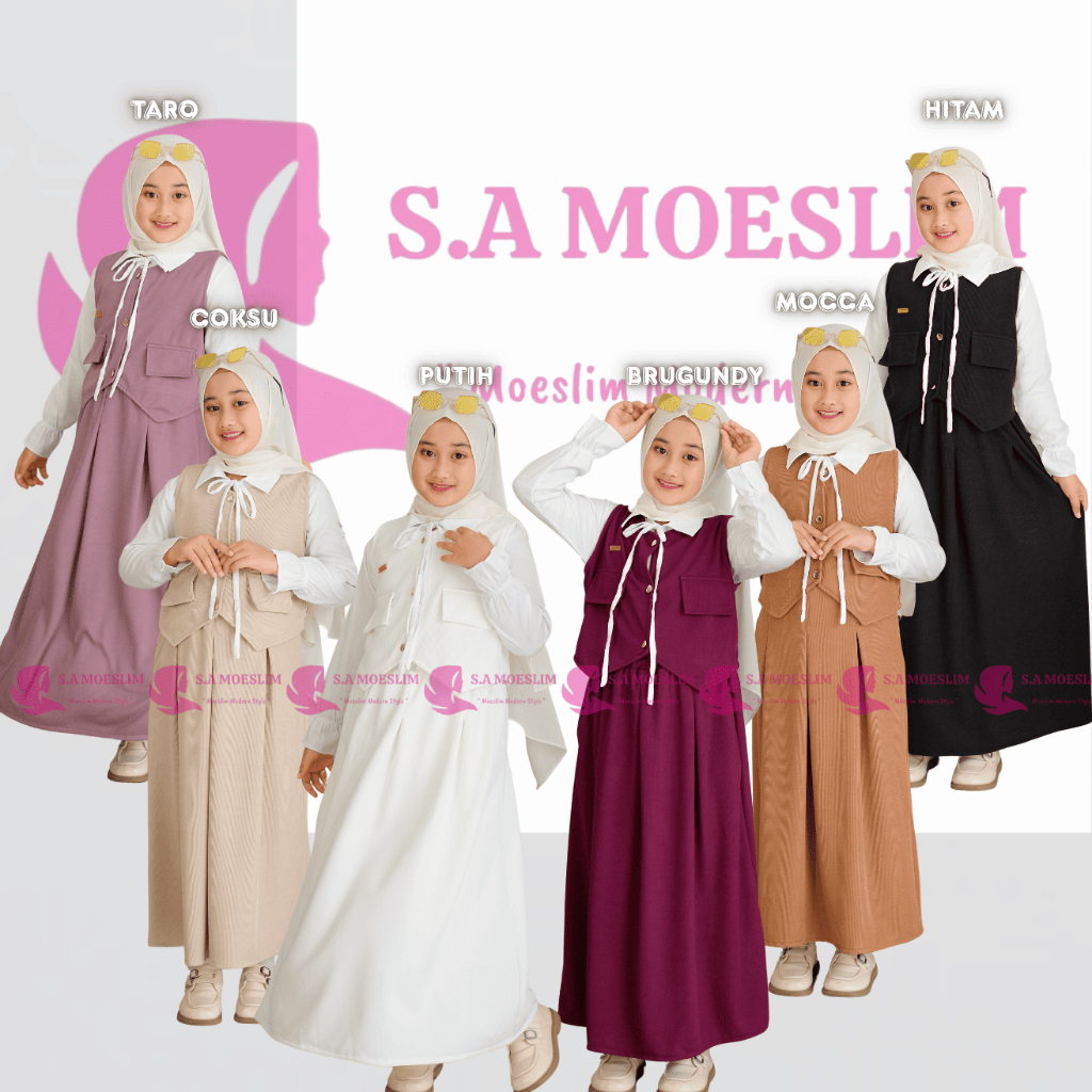 S.A MOESLIM - RAYA DRESS ONE SET 3 IN 1 Gamis Anak Bahan Rayon Twill Mix Knit Premium