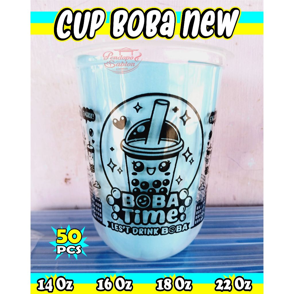 cup plastik MOTIF NEW BOBA 14oz 16oz 18oz 22oz oval datar/ cup boba / sedotan boba bubble