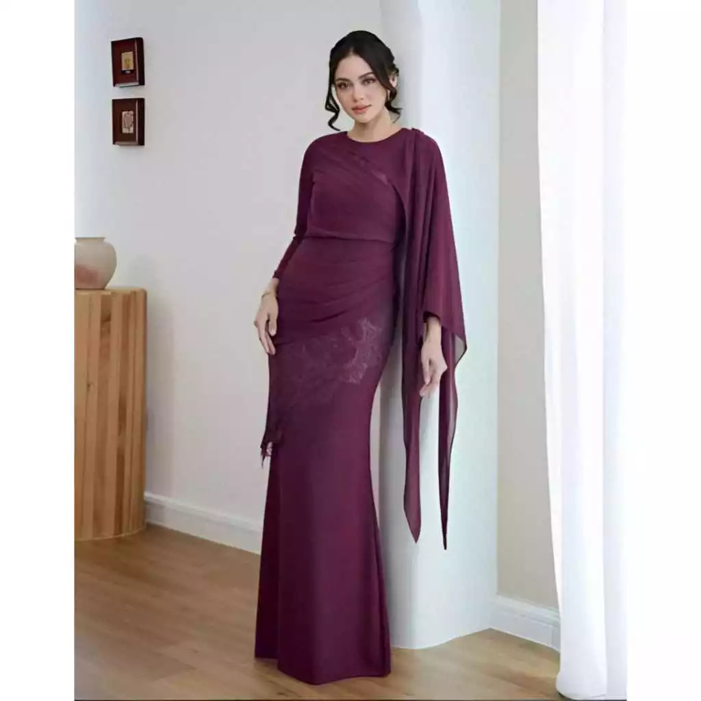 Baju Kurung Malaysia Warna Burgundy Bahan Ceruty Mix Brokat Anzura Dress Gamis Kondangan Viral