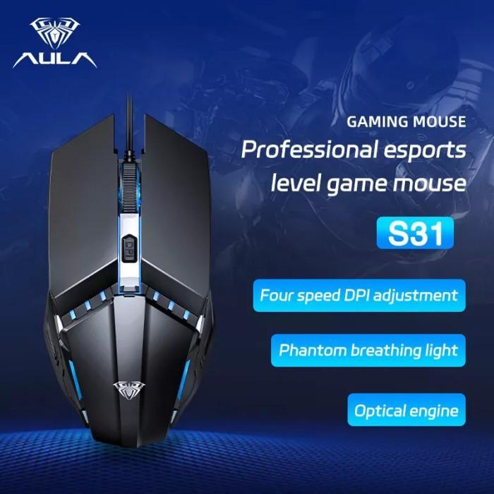 AULA S31 Mouse Gaming LED Wired Click with Breathing Backlight Effect Drag - Garansi 1 Tahun Pc Comp