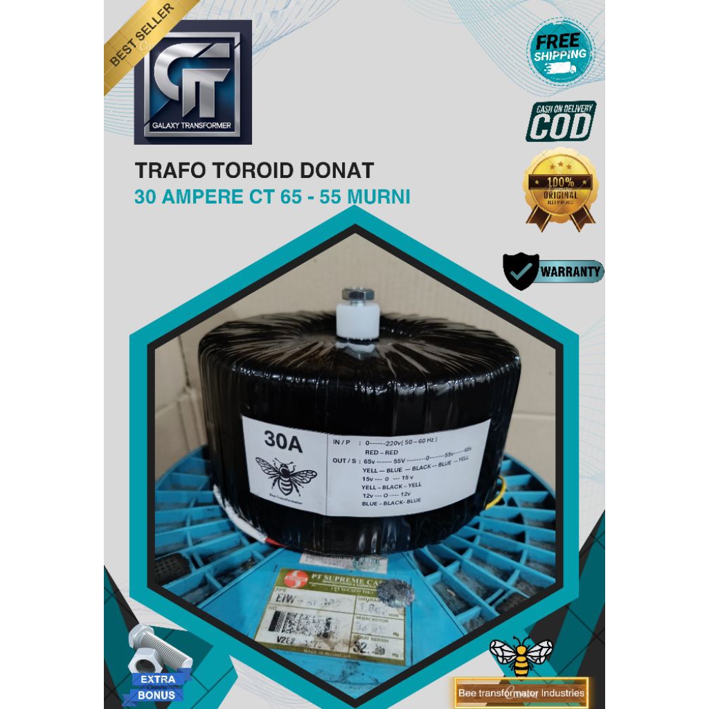 trafo toroid donat 30A CT 65V - 55V murni