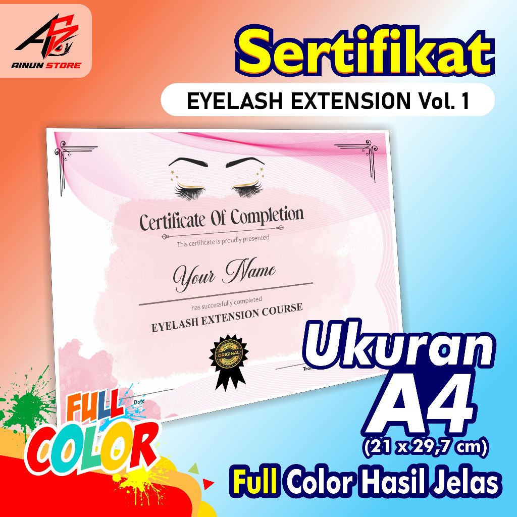 Cetak Piagam, Sertifikat Eyelash Extension Course / Sertifikat Kursus Kecantikan / Sertifikat Custom