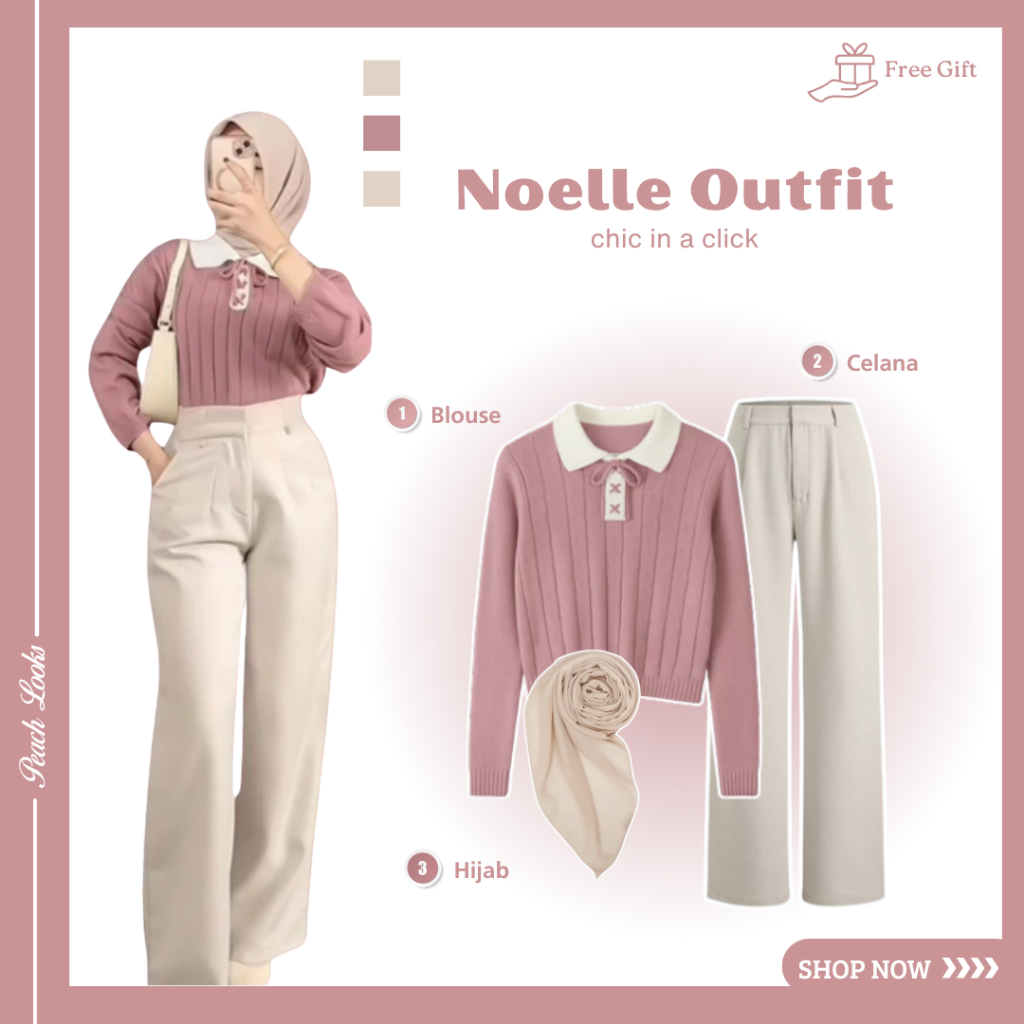 One Set Noelle Outfit ( Blouse + Celana + Hijab ) Ootd Korean Style | Fashion Wanita Kekinian