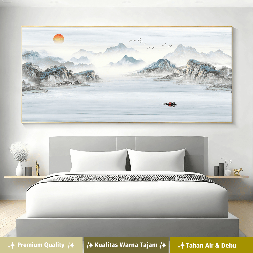 DD Hiasan dinding lukisan canvas+motif  pemandangan  gunung dan sungai burung