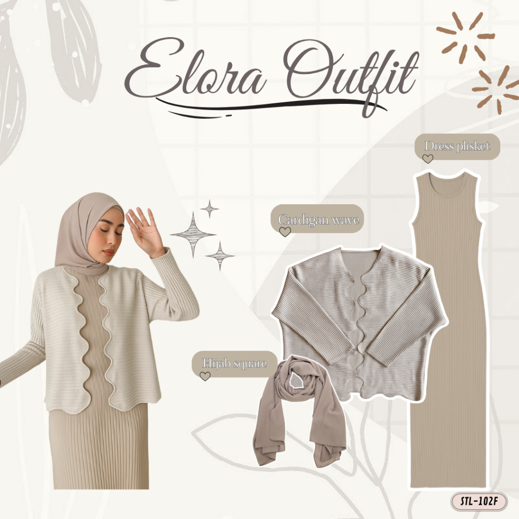 Wave Pleats Set Outfit | Oneset Korean Style | Dress plisket + Cardigan Wave + Hijab |  Setelan OOTD