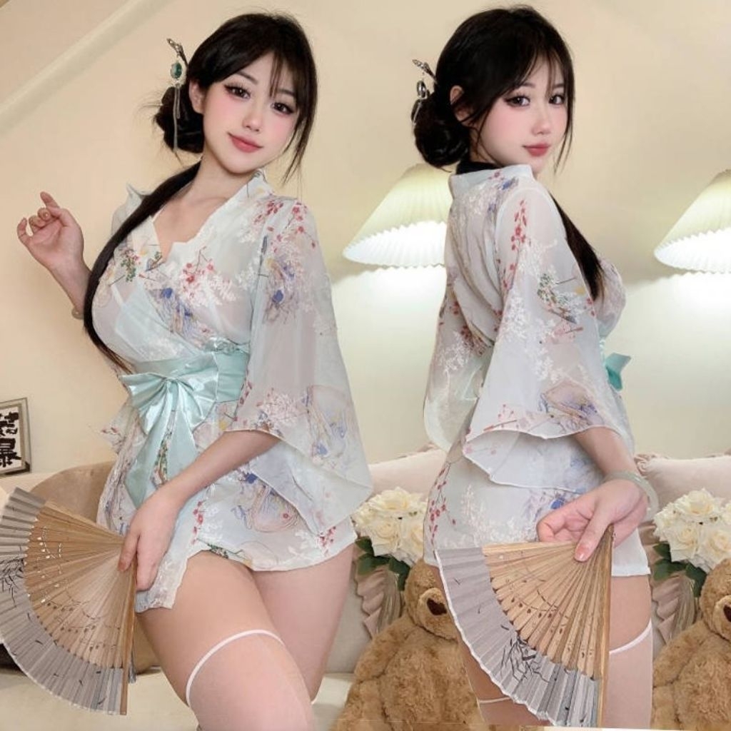 HOT DEALS [MOS] - SET LINGERIE KIMONO SEXY WANITA JEPANG MOTIF BUNGA + TALI PINGGANG PITA G382