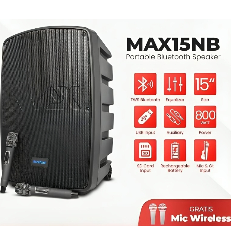 Speaker Aktif Portable Baretone 15 Inch MAX15NB/Speaker Karaoke Bluetooth Baretone 15" MAX 15 NB