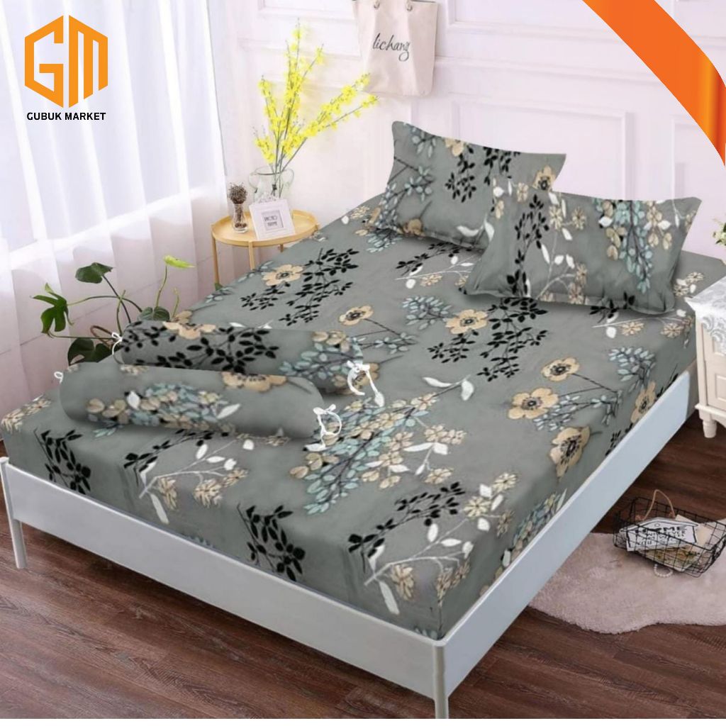 GUBUKMARKET SPREI || SEPRAI HALUS ANTI LUNTUR MOTIF GREY FLOWER FREE SARUNG BANTAL & SARUNG GULING