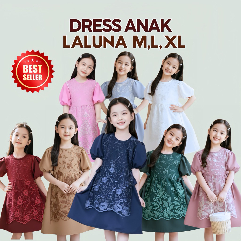 DRESS BRUKAT LALUNA LENGAN PENDEK ANAK 2-12 TAHUN DRESS PESTA