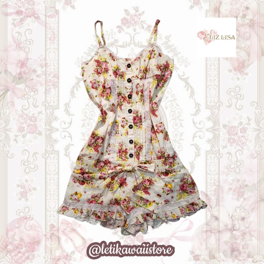 ada minus Liz lisa floral milkmaid ruffle jumpsuit dress ribbon kawaii kawai coquette dollete cottag