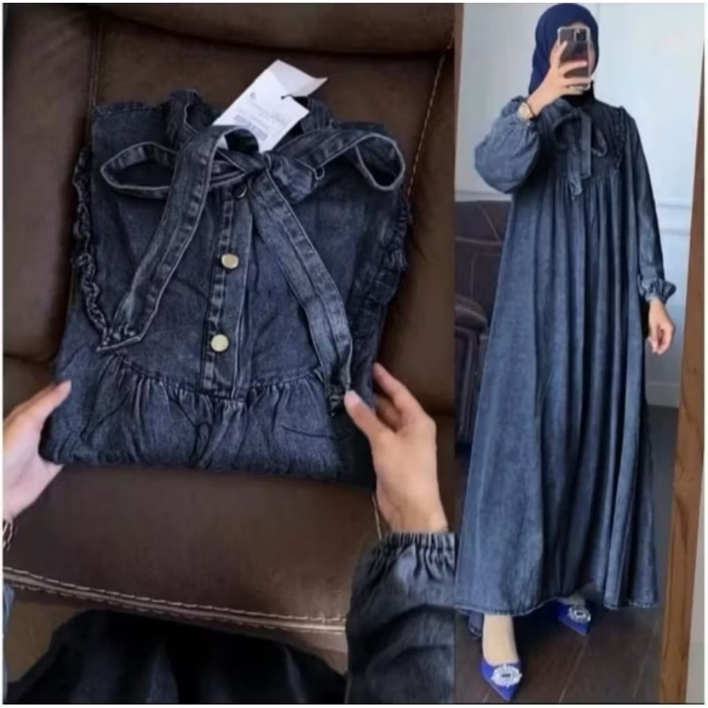 Gamis zahra kerah tali bahan jeans premium/ gamis jeans busui friendly