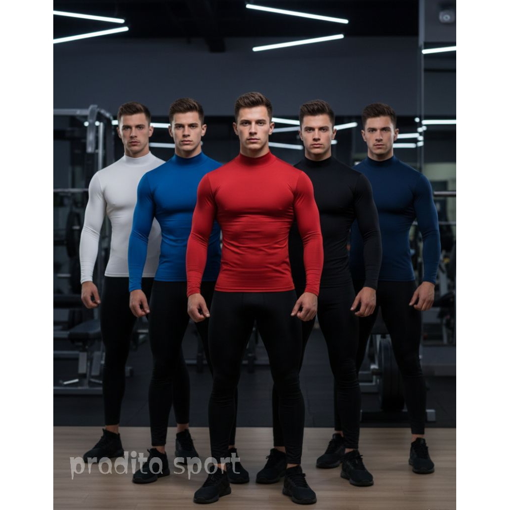 manset olahraga baselayer pria dan wanita,leher tinggi lengan panjang polos