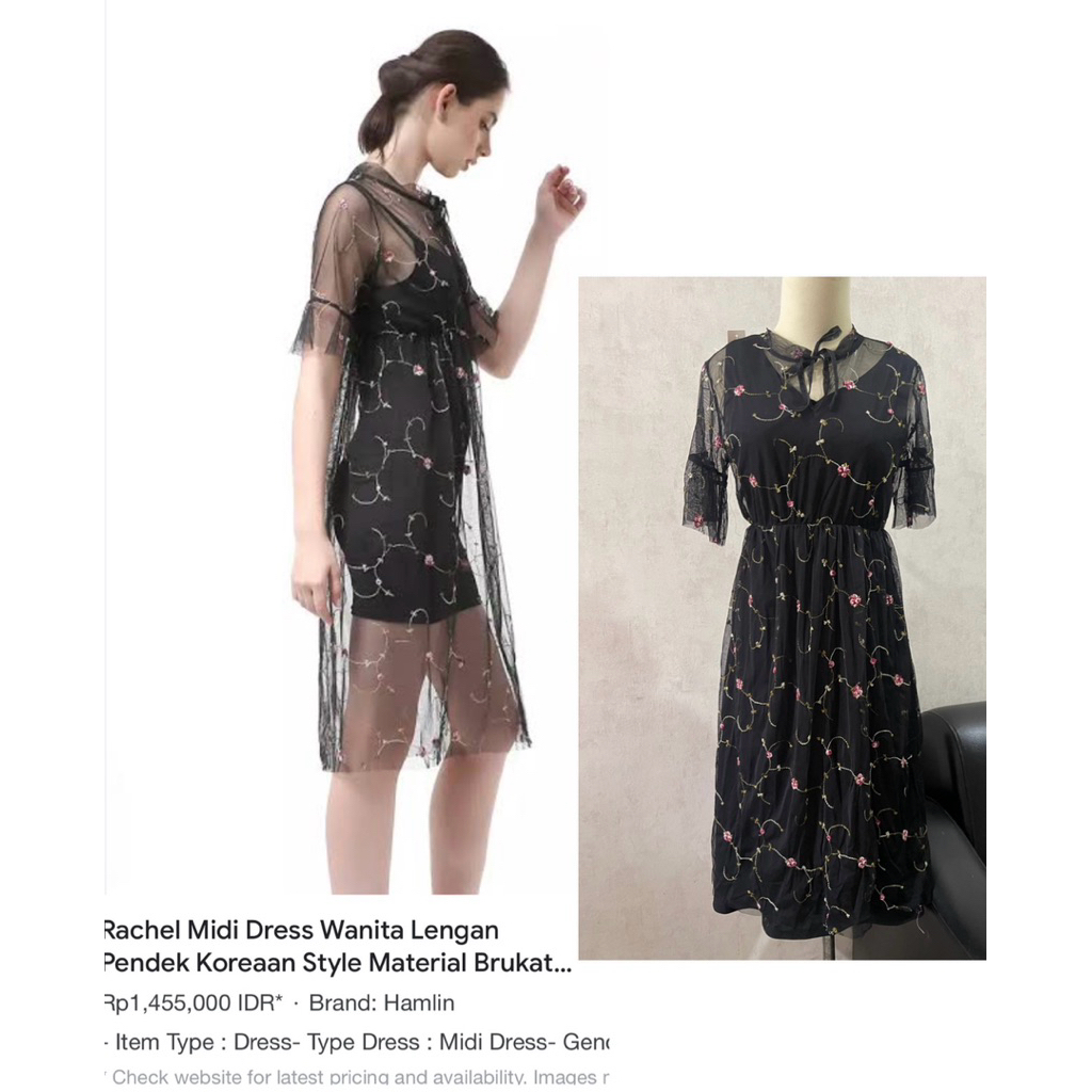 One set tulle dress tile motif bunga timbul warna hitam size S