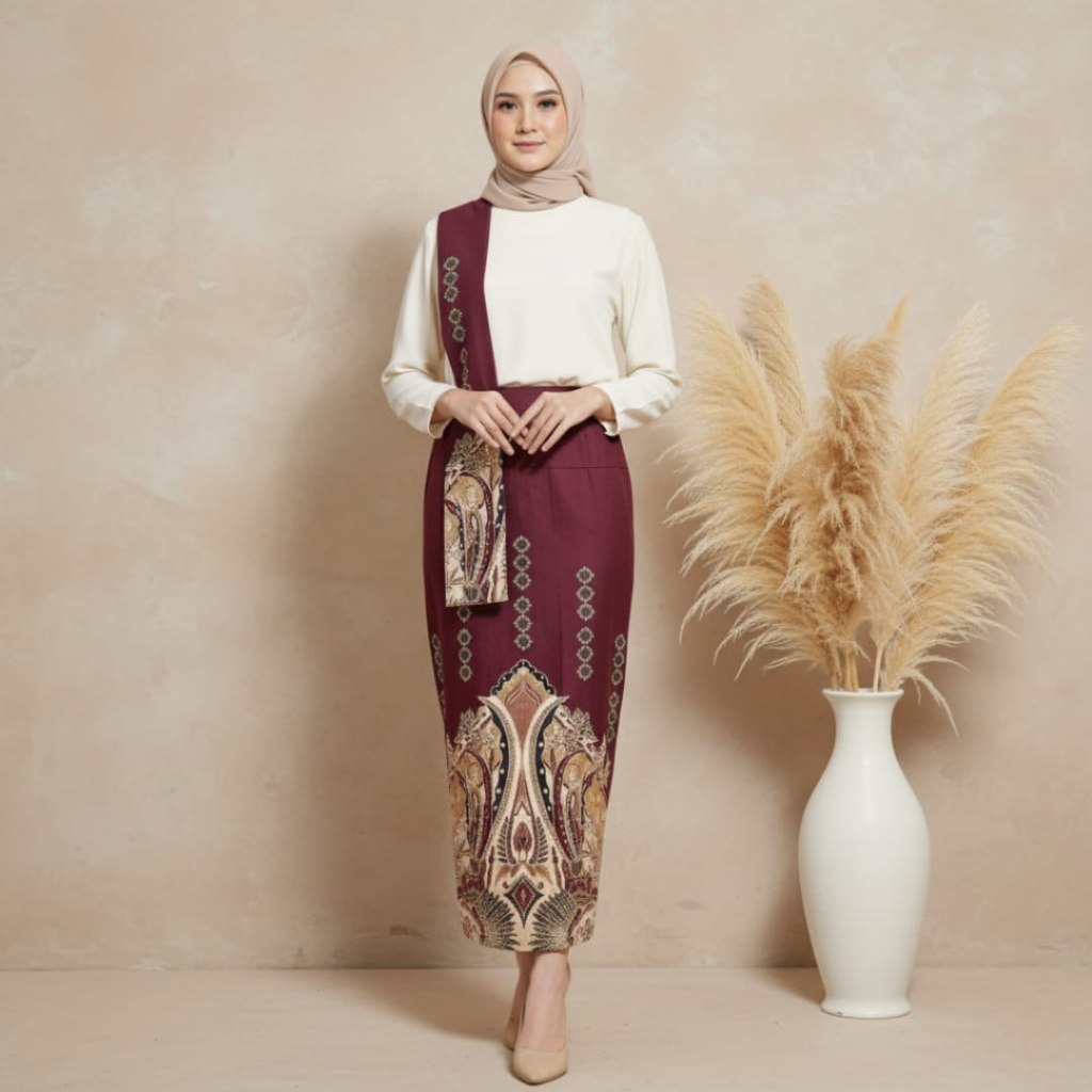 Batik Papaku Rok Span Batik FURING FREE Selendang Warna Burgundy merah maroon Katun Prima