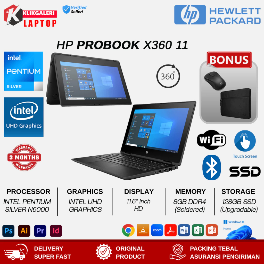 Laptop 2in1 HP Probook X360 11 Intel Pentium Silver N6000 8GB 512GB SSD 11 Inch Touchscreen Win 11