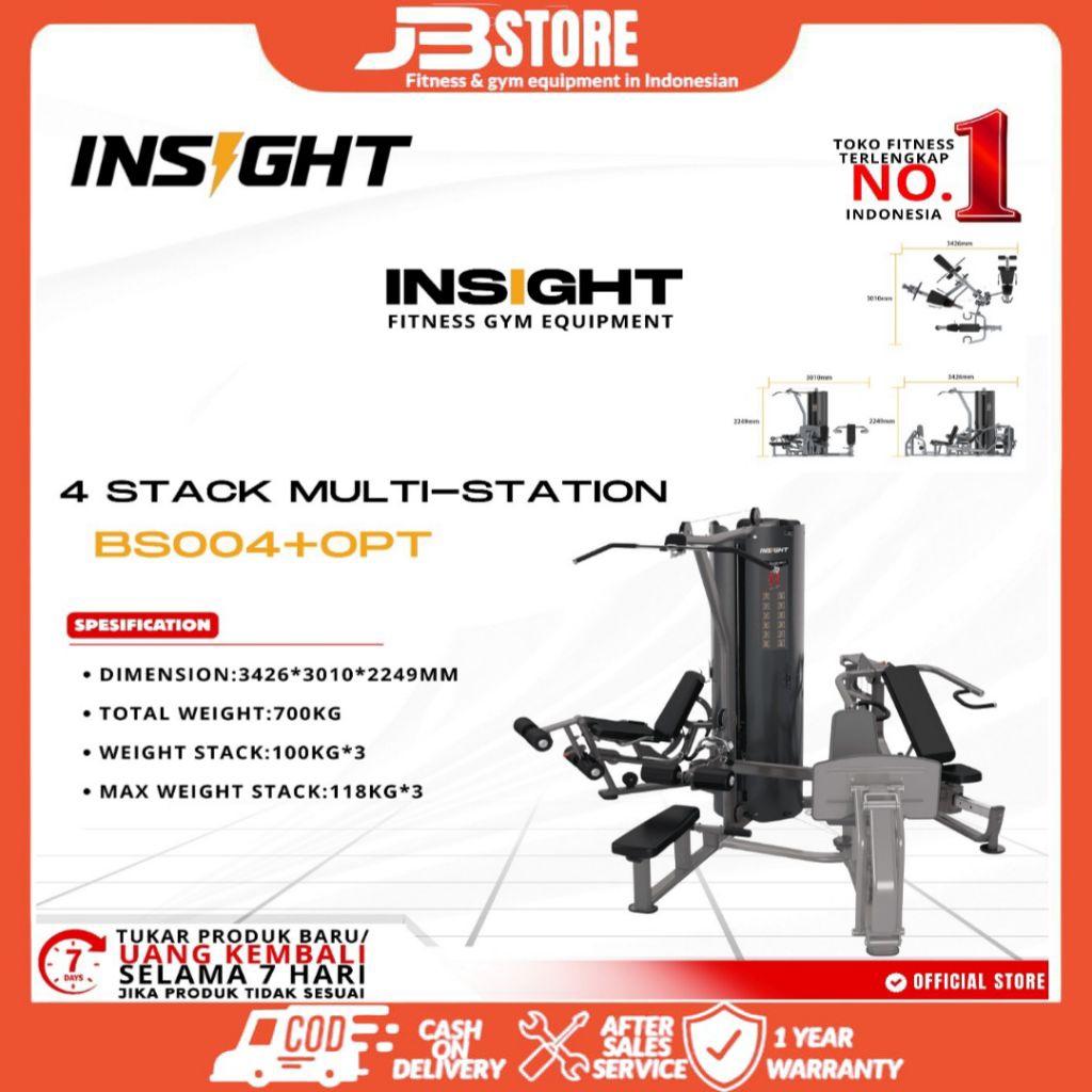 Mesin Fitnes 4 Stack Multi station Insight Bs004+Opt-Alat Gym lengkap Untuk Komersial dan Home gym