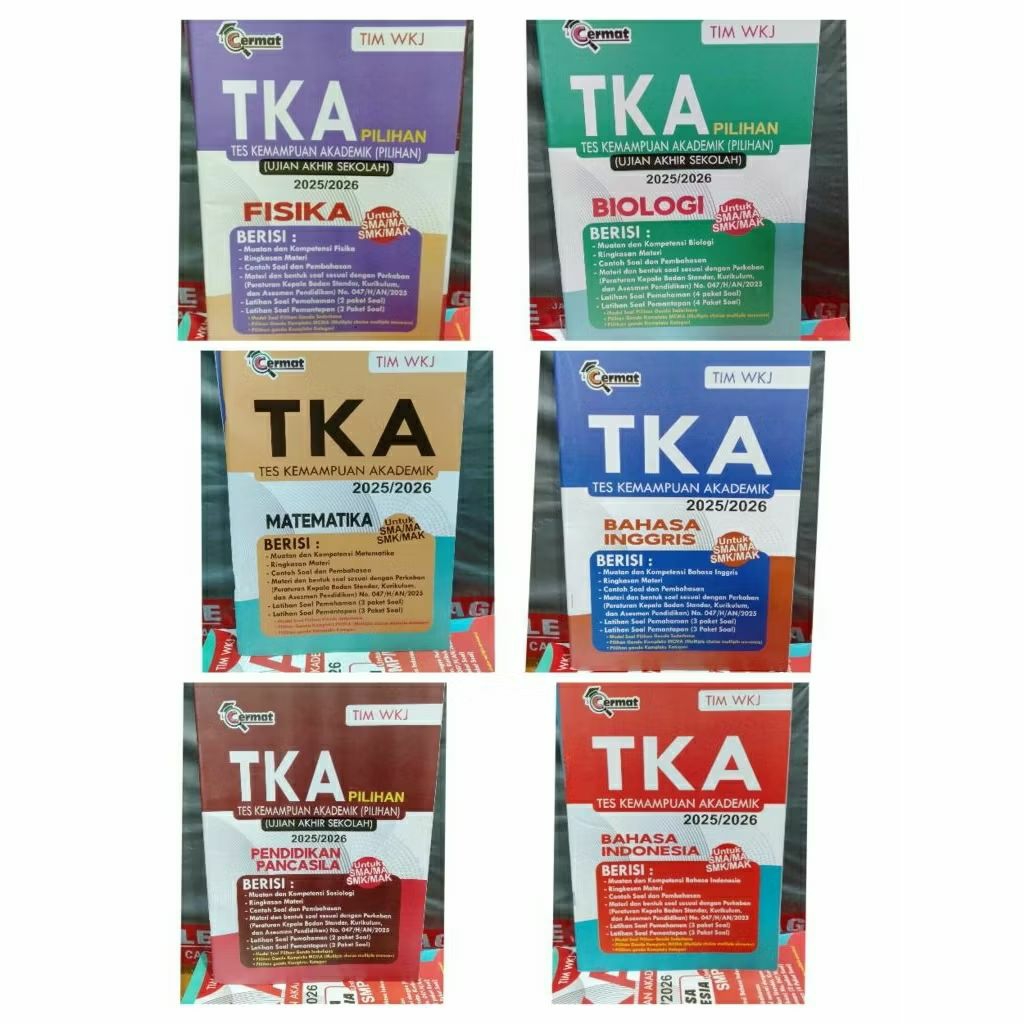 Buku TKA untuk SMA MA SMK MAK, Matematika, Bahasa Indonesia, Biologi, Bahasa inggris, PPKn, Fisika  