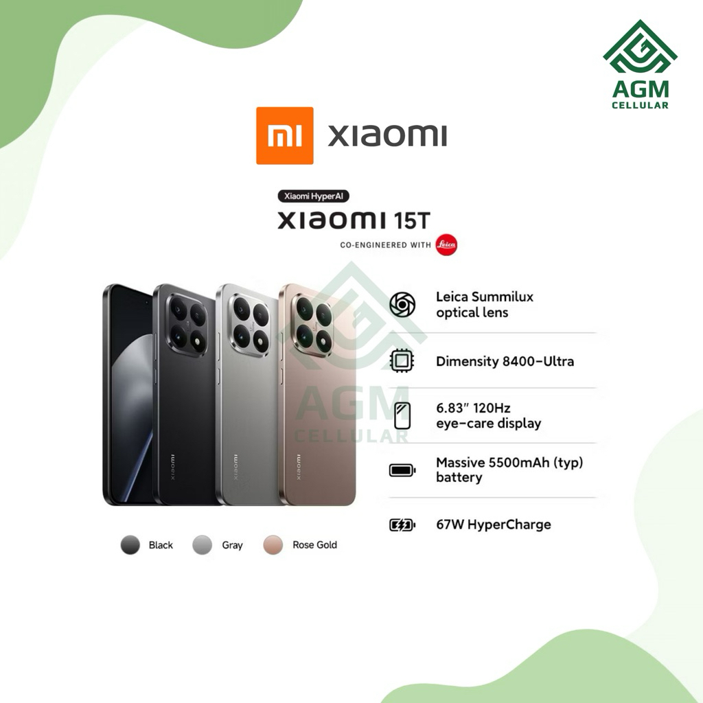 HANDPHONE XIAOMI 15T RAM 12GB/512GB (Black, Gray, Rose Gold)