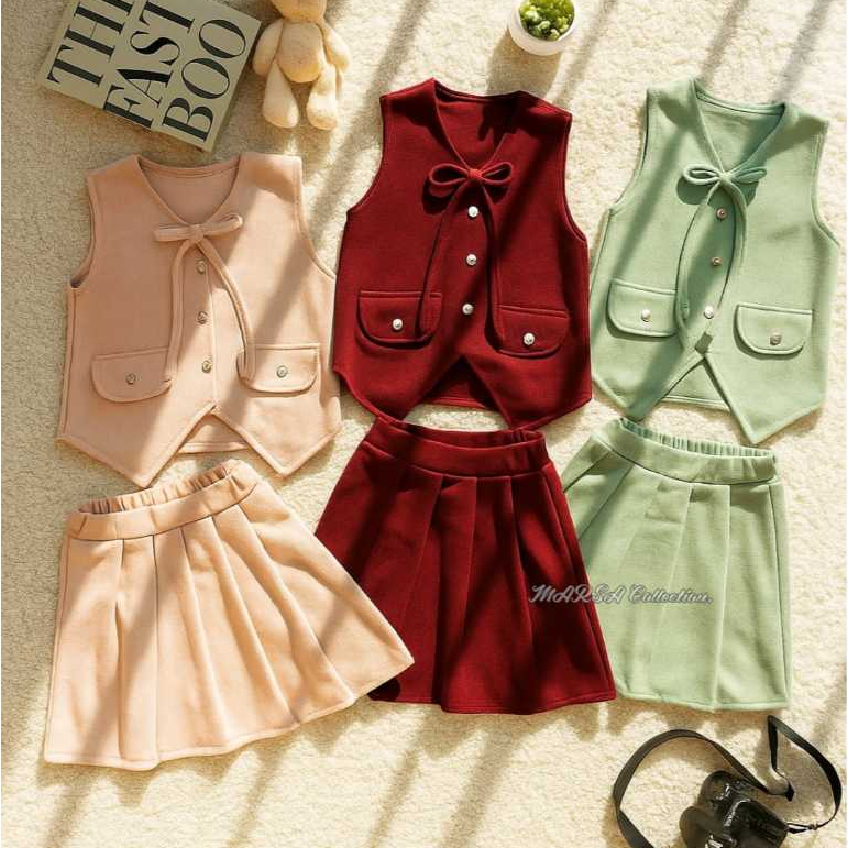 Setelan Rompi Anak Perempuan Setelan Baju & Rok Anak Perempuan Kekinian Korean Style Usia 1-11 Tahun