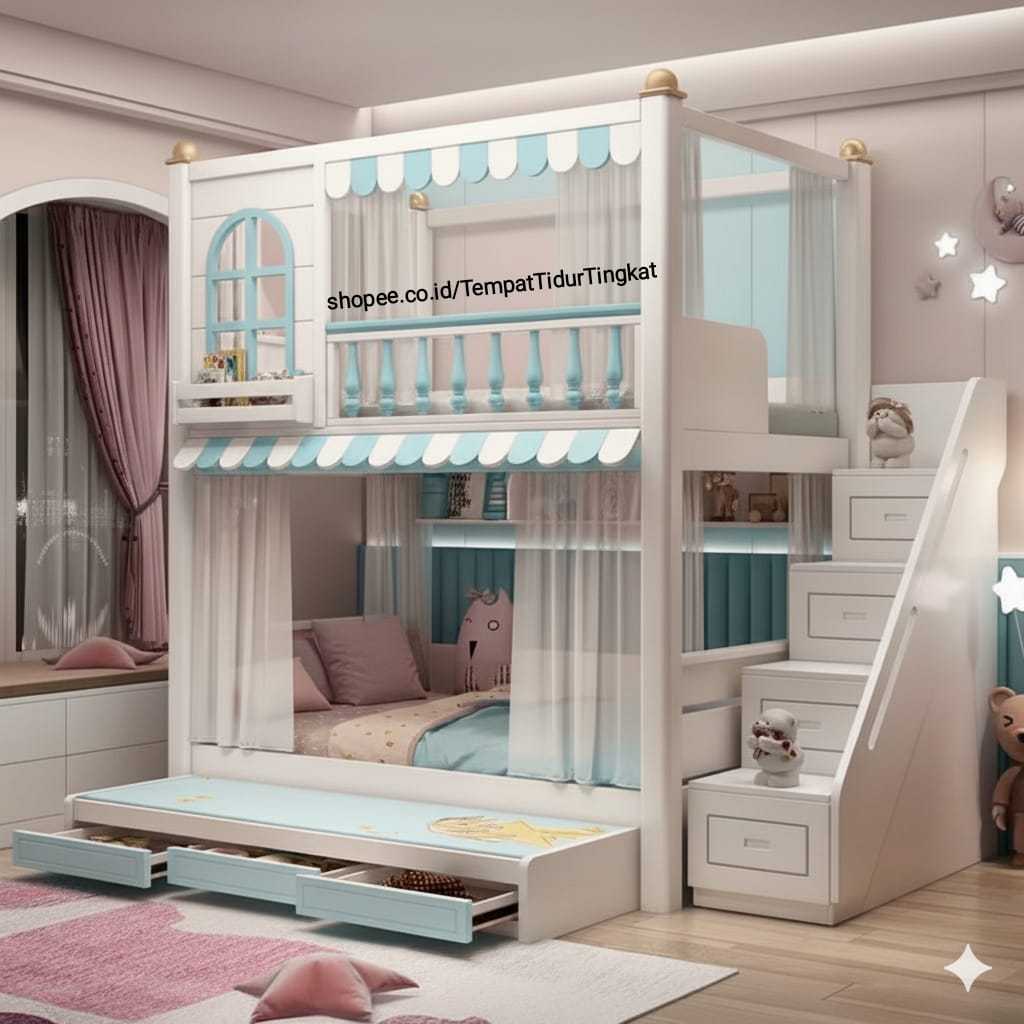 Tempat Tidur Tingkat Anak Karakter Lucu , Bunk Bed Anak Dengan Laci Dan Tangga