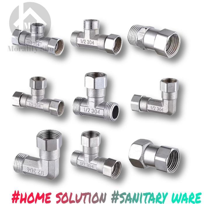 spare part sambungan pipa shower kloset kran air 1/2 inch fitting sok knie tee ring putar stainless