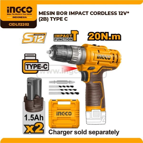 INGCO Impact Cordless Drill 12V CIDLI12202 – Bor Baterai Hammer Drill