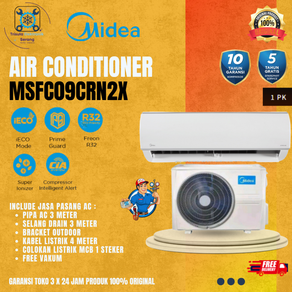 Midea Ac 1PK MSFC09CRN2X, Air Conditioner Split 0.5PK Low Watt R32 Pendinganan Cepat - Plus Pasang