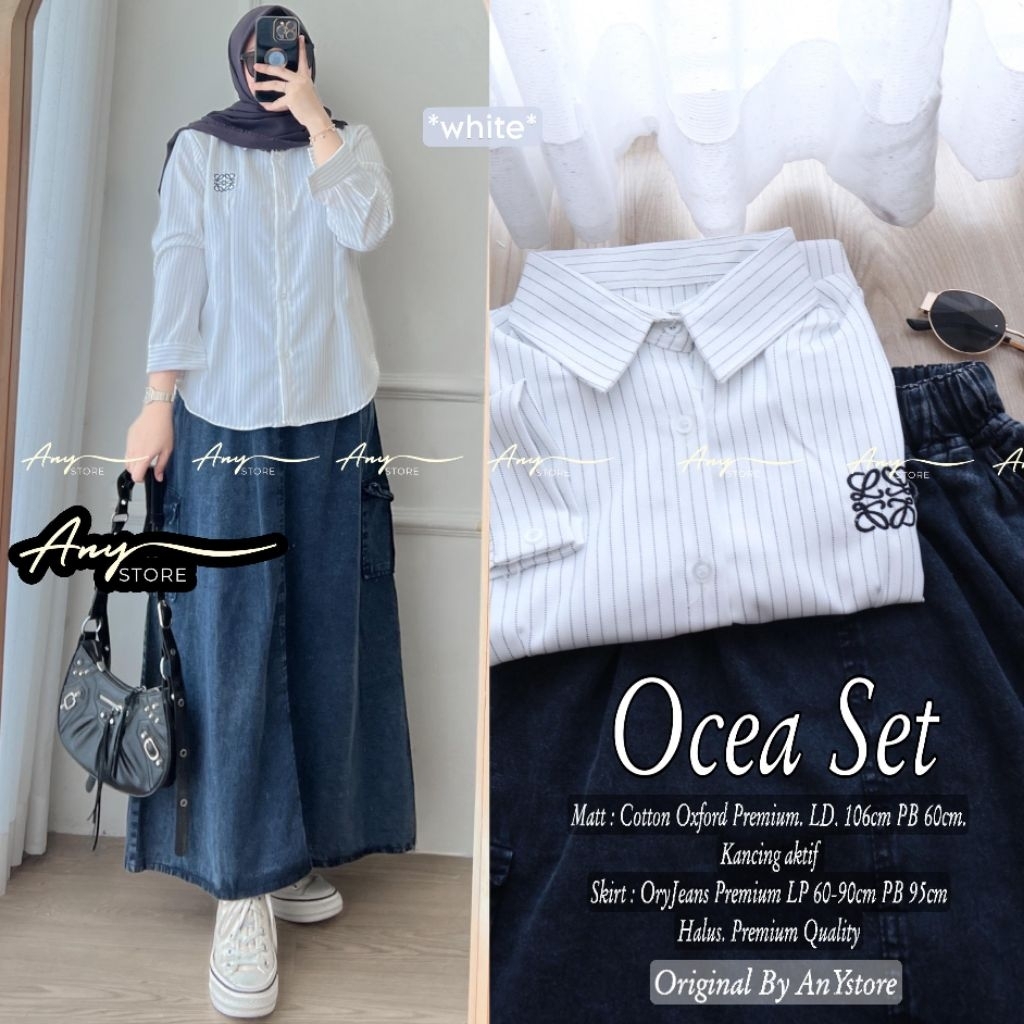 ozia one set rok jeans by A.N.Y kemeja stripe baju kemeja wanita one set wanita kekinian rok panjang