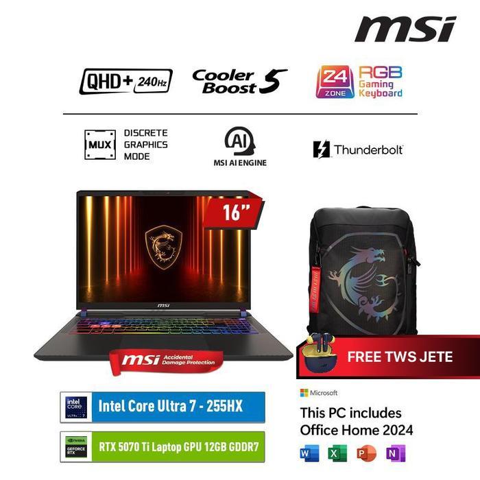 MSI VECTOR 16HX AI ULTRA 7 255HX RTX5070TI 16GB 512GB 16.0QHD+ 240HZ W11 OHS Laptop Gaming - 16GB