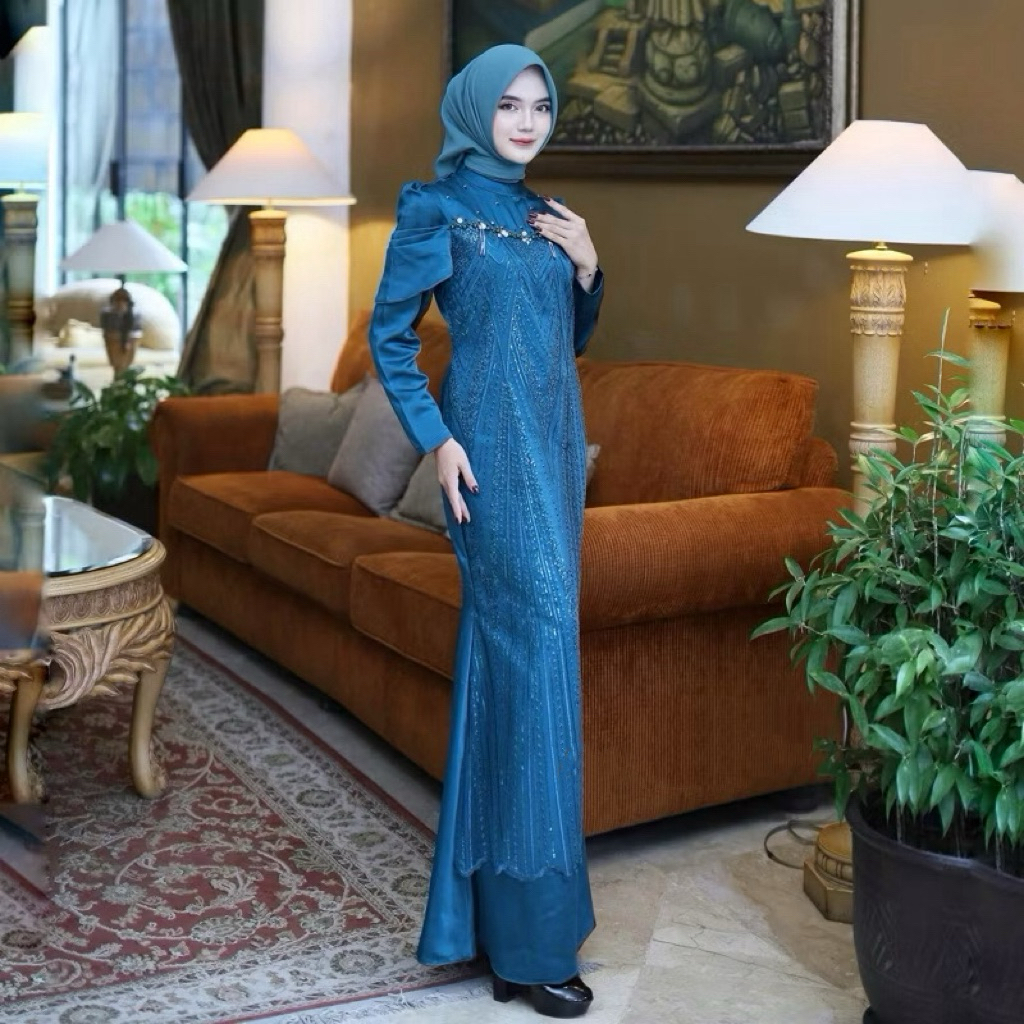 Luvita Dress Lebaran Teal Emerald Blue 2026 Gamis Mermaid Brukat Mewah