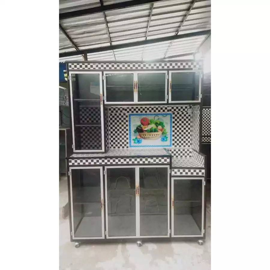 Lemari Piring Rak Piring Catur Kaca Riben 4 Pintu Keramik Gendong Roda KHUSUS BOGOR KURIR TOKO