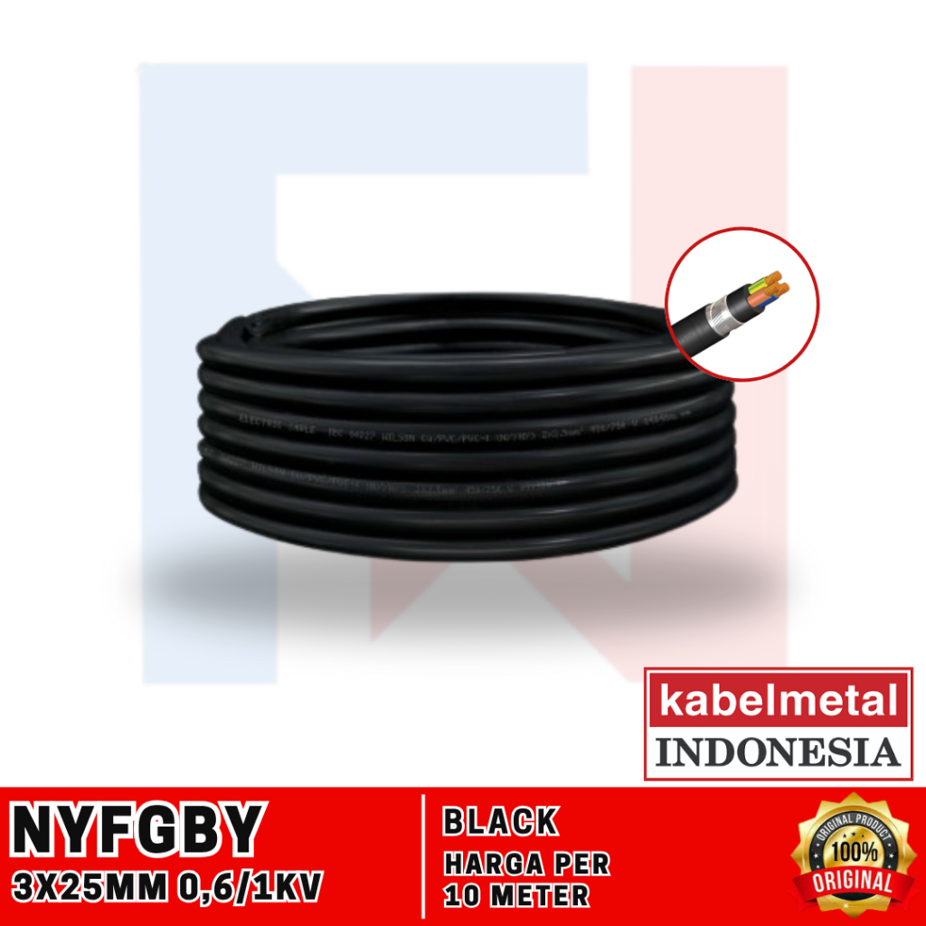 KABEL NYFGBY (Cu/PVC/SFWA/PVC) 3 x 25 mm / 3x25mm 0,6/1kV KABEL METAL - 10 Meter Kabel Tanah Tembaga