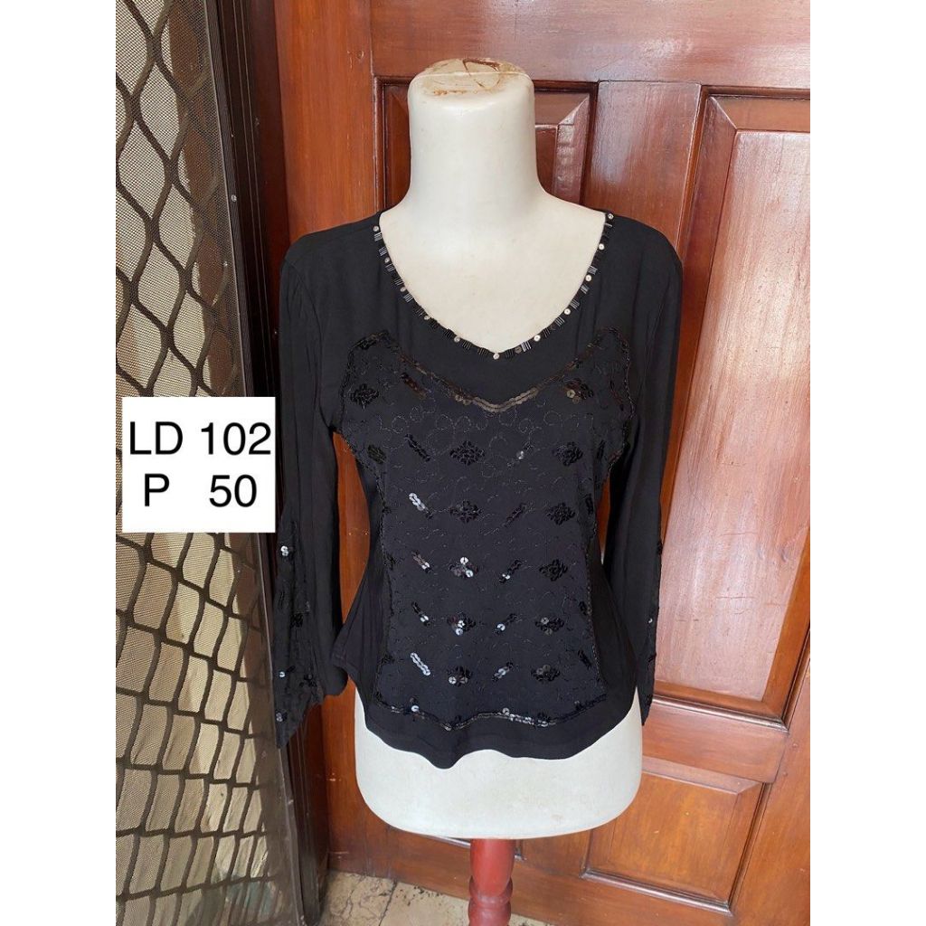 Black Top Atasan Wanita Hitam Payet Bling Bling Top Retro Vintage - preloved