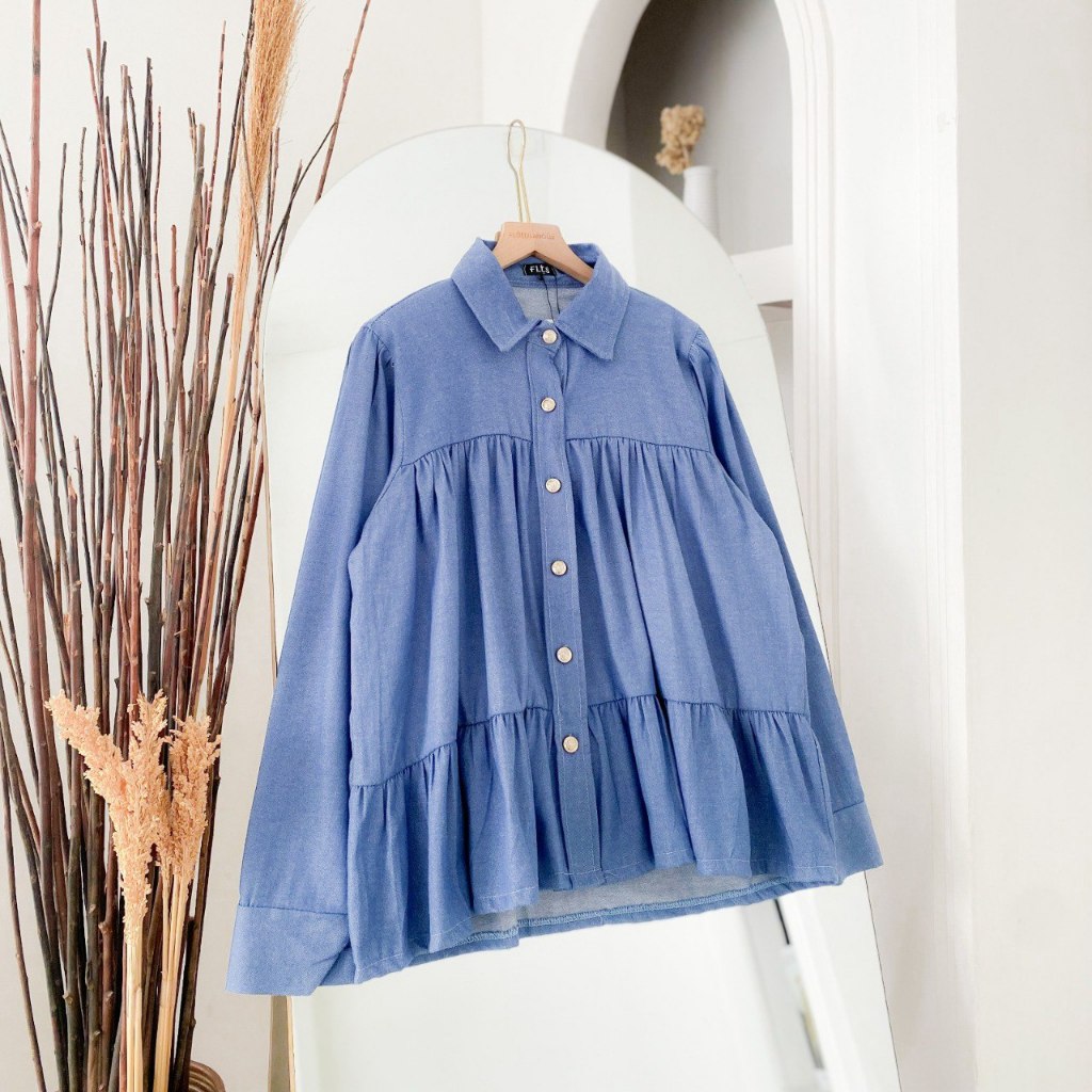 Ara Shirt Jeans Kemeja Formal Basic Nudie Jeans Full Kancing Kemeja Wanita Korea Kemeja Wanita Lenga