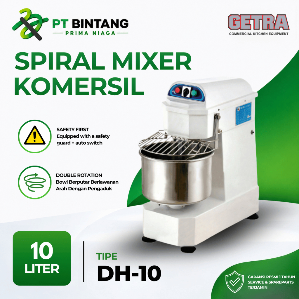 GETRA DH-10 Spiral Mixer 10L | Mixer Roti Adonan Donat Kapasitas 6Kg Tepung 4Kg