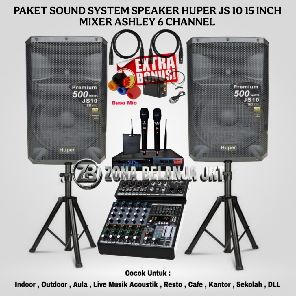 PAKET SOUND SYSTEM KARAOKE LIVE MUSIK SPEAKER HUPER JS10 15 INCH MIXER ASHLEY 6 CHANNEL USB BLUETOOT