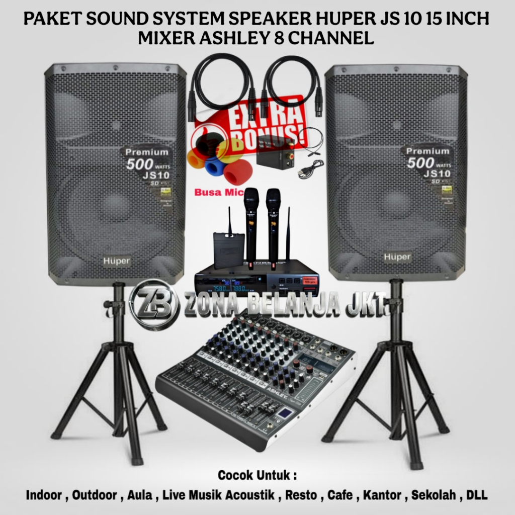 PAKET SOUND SYSTEM KARAOKE LIVE MUSIK SPEAKER HUPER JS10 15 INCH MIXER ASHLEY 8 CHANNEL USB BLUETOOT
